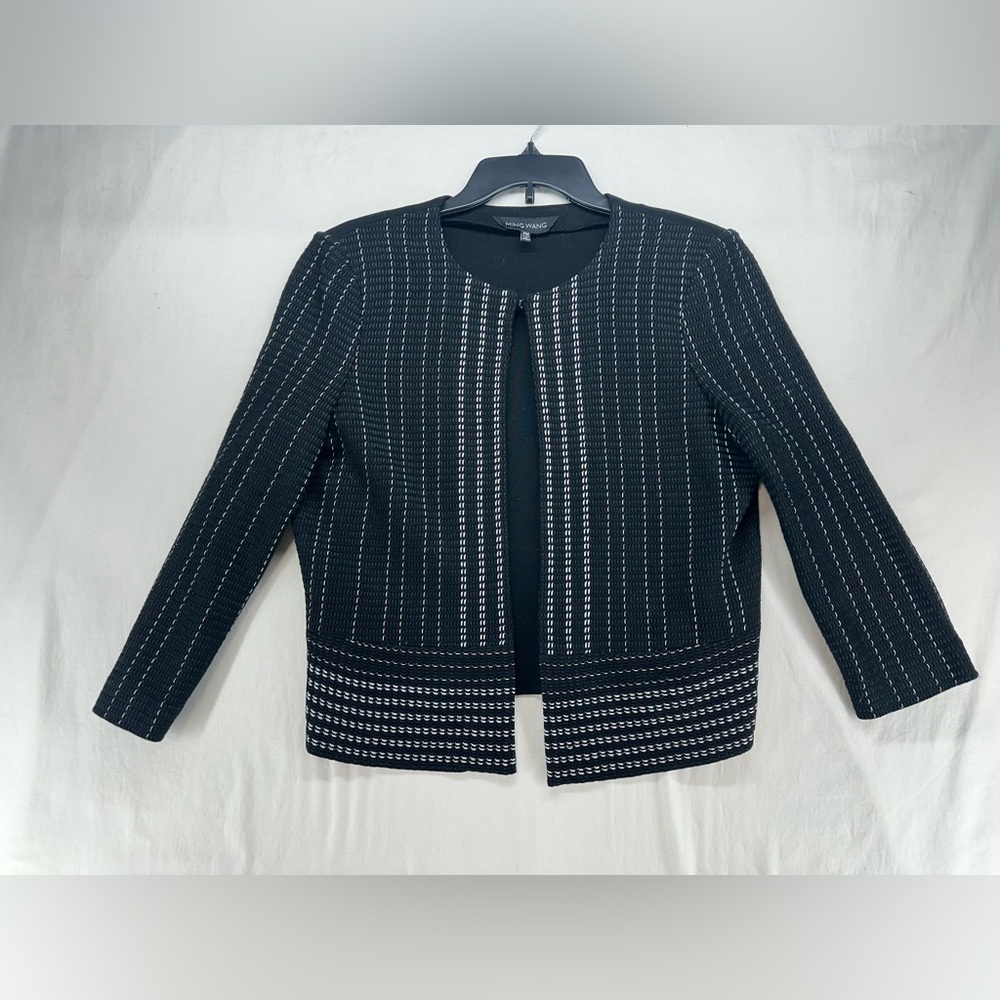 MING WANG Womens Blazer Open Front Acrylic Knit Black White Size Petite M